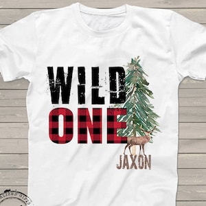 Wild One 1st first Birthday shirt, Woodland Lumberjack tshirt for kids, red plaid check, deer shirts for family, personalized for any bday