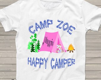 Birthday Camping shirt for girls, boys, Happy Camper Slumber party pink and blue personalized matching family Reunion shirts Vacation kids