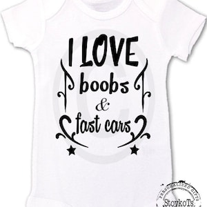 Biker baby bodysuit for boys funny new baby Personalized gift I Love boobs and fast cars shirts for babies fathers day daddy and me image 1