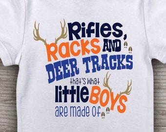 Rifles Racks and Deer Tracks that's What Little Boys are Made of shirt, Gender Reveal, Rifles or Ruffles, Baby Shower gift, Hunting shirt