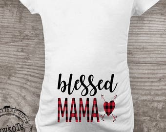 Valentines Day Maternity shirt, Buffalo Check, Pregnancy Announcement Red black plaid "Blessed Mama" Valentine heart new baby gift, any name