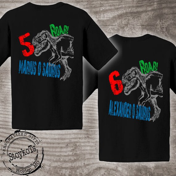 Dinosaur birthday shirts for kids, personalized set of two black tshirts for boys, girls, dino theme bday tee, trex, 5th, 6th any number Il_570xn
