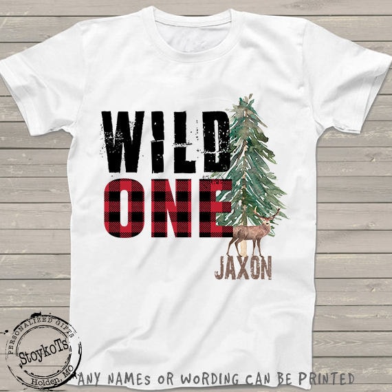 Wild One 1st first Birthday shirt, Woodland Lumberjack tshirt for kids, red plaid check, deer shirts for family, personalized for any bday Il_570xn