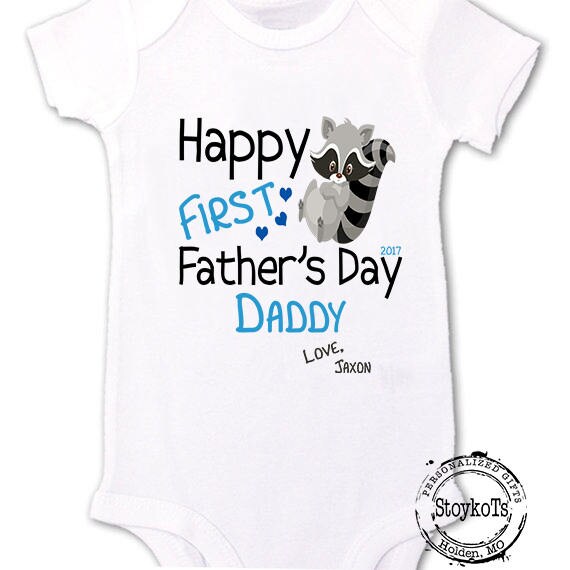 Happy First Fathers Day shirt gift from son daughter baby raccoon one of a kind personalized outfit bodysuit boys girls Il_570xn
