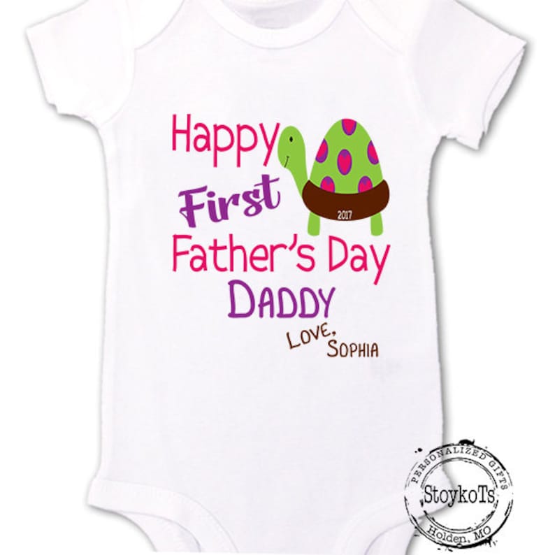 Happy First Fathers Day shirt gift from son daughter baby turtle pink and purple hearts one of a kind personalized outfit bodysuit image 1