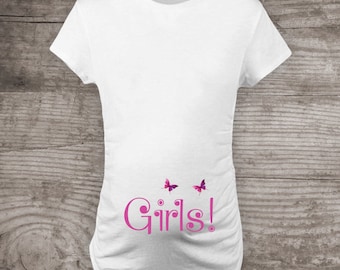 Maternity Gender reveal t-shirt Twins pregnancy announcement "Girls" message tees - d4