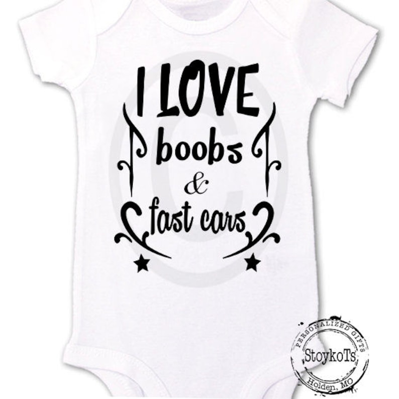 Biker baby bodysuit for boys funny new baby Personalized gift I Love boobs and fast cars shirts for babies fathers day daddy and me image 1