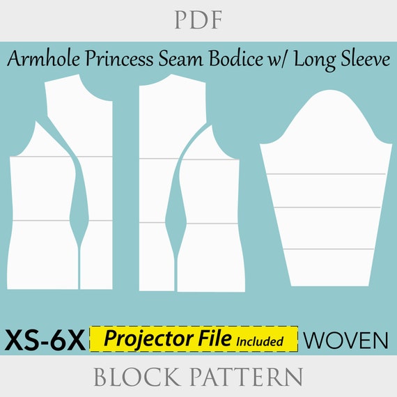 Armhole Princess Seam Bodice Block Sewing PDF Pattern, Size XS-6X
