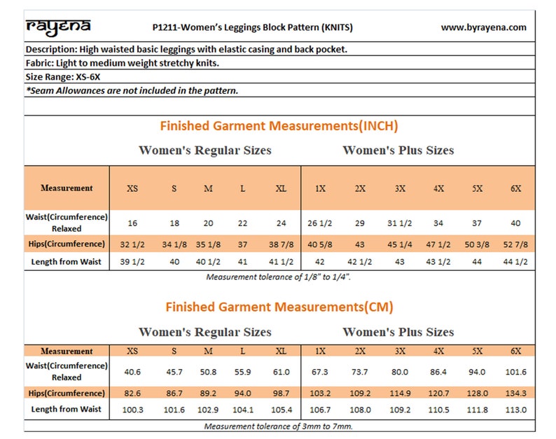 Women's Leggings Block PDF Sewing Pattern XS-6X Plus Size - Etsy