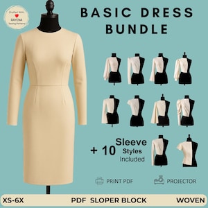 May include: A beige long-sleeve dress on a mannequin with text reading BASIC DRESS BUNDLE, 10 Sleeve Styles Included, PRINT PDF, PROJECTOR, XS-6X, PDF SLOPER BLOCK, WOVEN, and a logo for Rayena Sewing Patterns with a red heart icon.
