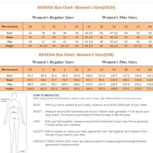 Może przedstawiać: Tabela rozmiar&oacute;w RAYENA przedstawiająca wymiary w calach i centymetrach dla rozmiar&oacute;w standardowych i plus size. Tabela zawiera dane dotyczące biustu, talii, bioder i wzrostu dla rozmiar&oacute;w od XS do 6X oraz schemat i instrukcje pomiaru.