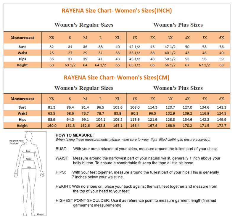 Może przedstawiać: Tabela rozmiar&oacute;w RAYENA przedstawiająca wymiary w calach i centymetrach dla rozmiar&oacute;w standardowych i plus size. Tabela zawiera dane dotyczące biustu, talii, bioder i wzrostu dla rozmiar&oacute;w od XS do 6X oraz schemat i instrukcje pomiaru.