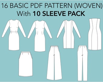 16 Basic WOVEN Block Pattern Set for women's- women dress pattern, pants pdf, basic block pattern, sloper pattern set, block pattern set pdf