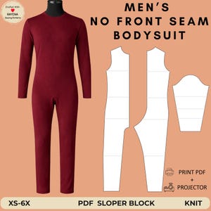 May include: A long-sleeve maroon bodysuit with no front seam, displayed alongside white sewing pattern pieces. Text includes: MEN'S NO FRONT SEAM BODYSUIT, PRINT PDF + PROJECTOR, PDF SLOPER BLOCK, and XS-6X. A logo reads: Drafted With RAYENA Sewing Patterns.