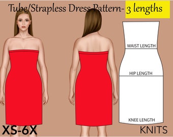 Women's Strapless Tube Dress & Top Sewing Pattern PDF XS 6X- strapless top pattern, tube top pdf, strapless tube top pattern, crop top pdf