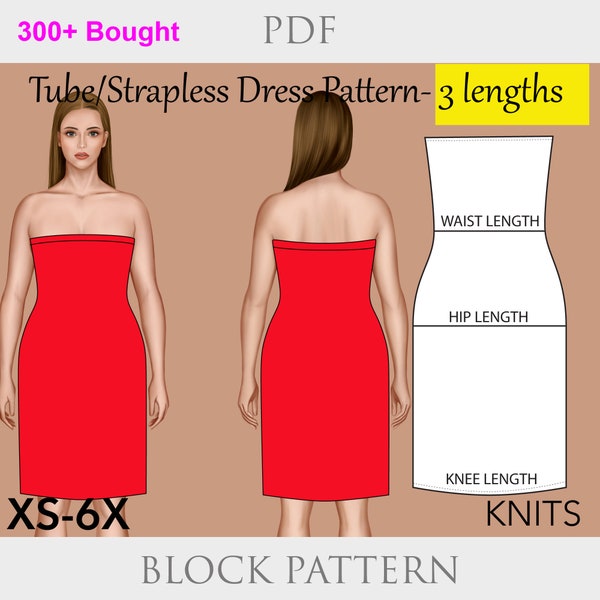 Women's Strapless Tube Dress & Top Sewing Pattern PDF XS 6X- strapless top pattern, tube top pdf, strapless tube top pattern, crop top pdf