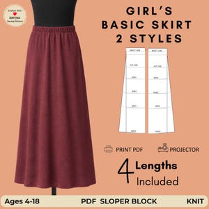 Puede incluir: Una falda color granate con cintura elástica mostrada junto a un diagrama de patrón de costura. El texto incluye GIRL'S BASIC SKIRT 2 STYLES, 4 Lengths Included, PRINT PDF, PROJECTOR, Ages 4-18, PDF SLOPER BLOCK, KNIT y DRAFTED WITH RAYENA SEWING PATTERNS.