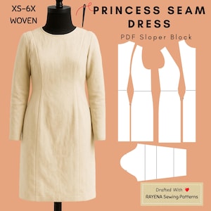 Women's Princess Seam Dress Pattern: Woven Sloper Block (XS–6X) (PDF Pattern)