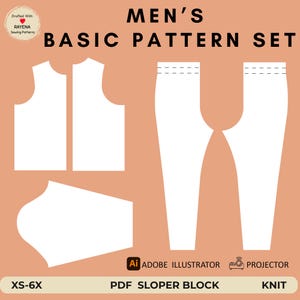May include: A digital sewing pattern set on a peach background featuring white outlines for a shirt, pants, and sleeve. Text reads: MEN'S BASIC PATTERN SET, DRAFTED WITH RAYENA SEWING PATTERNS, ADOBE ILLUSTRATOR, PROJECTOR, XS-6X, PDF SLOPER BLOCK, KNIT.