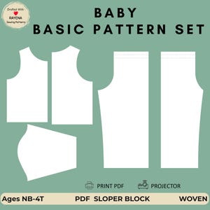以下が含まれることがあります： BABY BASIC PATTERN SETというタイトルのデジタル縫製パターンセット。セージグリーンの背景に衣服のパーツの白い輪郭が描かれています。PRINT PDFとPROJECTORのアイコン、Ages NB-4T、PDF SLOPER BLOCK、WOVENというテキストが含まれています。