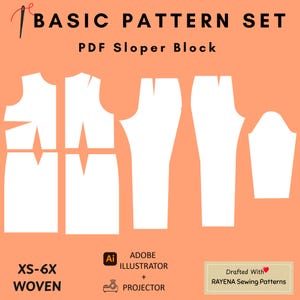 Puede incluir: Un conjunto de patrones de costura digitales sobre un fondo color melocotón con contornos blancos de corpiños, pantalones y mangas. El texto dice: BASIC PATTERN SET, PDF Sloper Block, XS-6X WOVEN, Adobe Illustrator + Projector y Drafted With RAYENA Sewing Patterns.