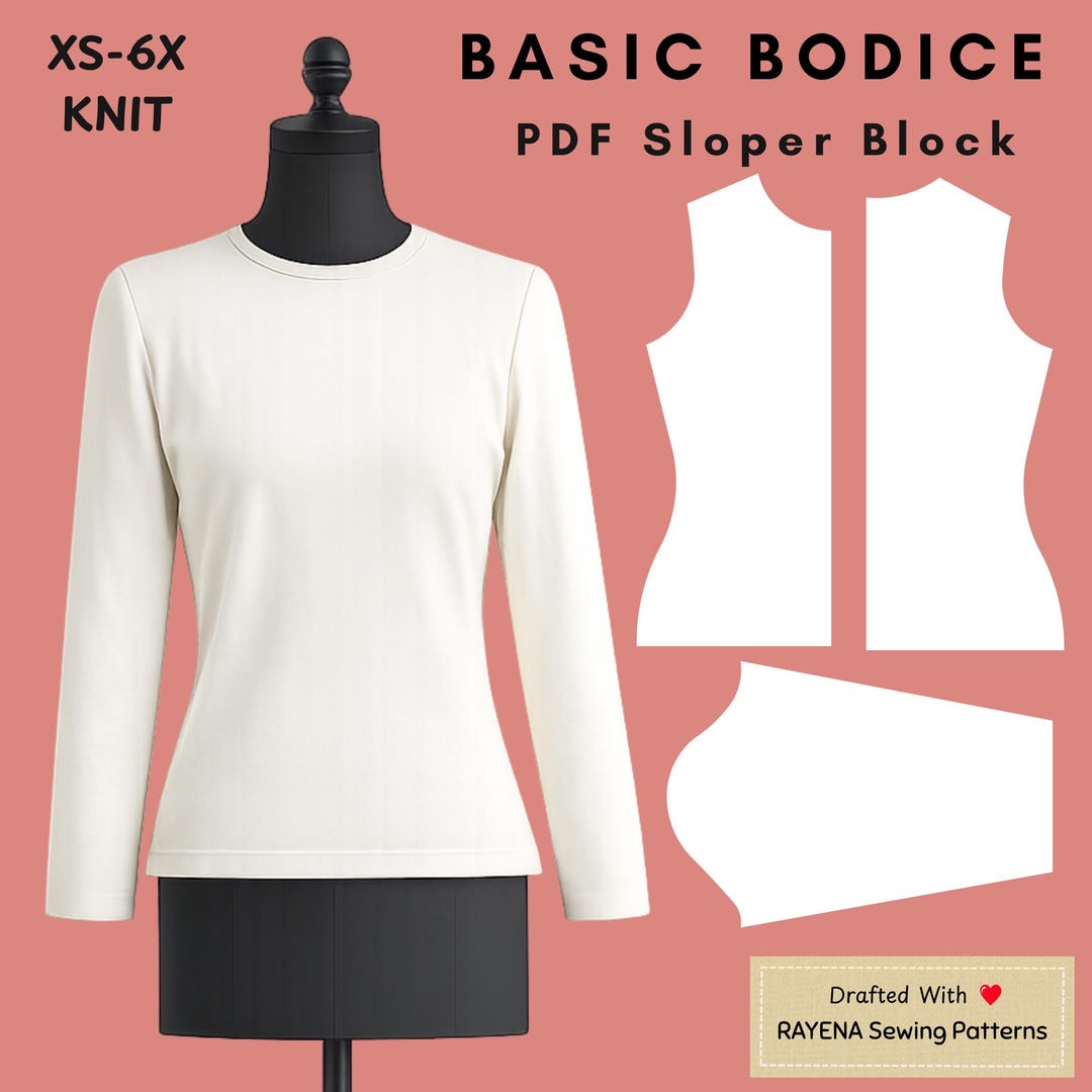 Women's Basic Bodice Sewing Pattern: Knit Sloper Block (XS–6X) (PDF ...