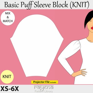 Peut inclure: Un patron de manche bouffante blanche avec le texte "Basic Puff Sleeve Block (KNIT)" et "XS-6X". L'image comprend un schéma de la manche et une femme portant un haut blanc avec une manche bouffante. Les mots "MIX & MATCH" et "KNIT" sont également présents.