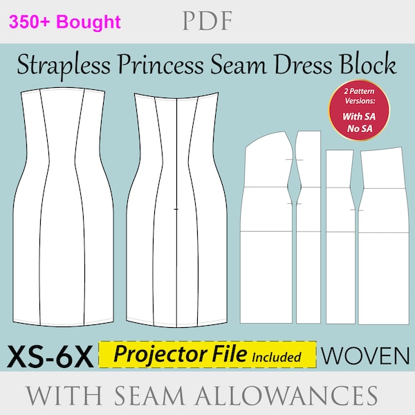 Trägerloses Etuikleid für Damen, PDF-Schnittmuster, Größe XS 6X – trägerloses gewebtes Kleid im PDF-Format, trägerloses Kleidmuster, Prinzessinnennahtmuster