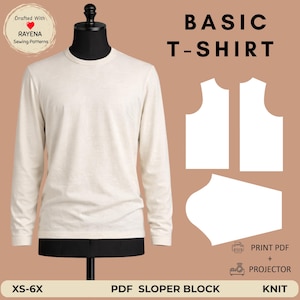 May include: A long-sleeve off-white t-shirt on a black mannequin. Text reads BASIC T-SHIRT, DRAFTED WITH RAYENA SEWING PATTERNS, PRINT PDF + PROJECTOR, XS-6X, PDF SLOPER BLOCK, KNIT. White pattern outlines for the shirt pieces are displayed on the right.