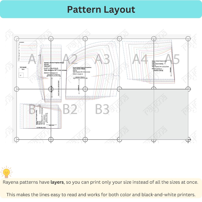 Może przedstawiać: Dokument układu wykroju krawieckiego zatytułowany Pattern Layout, zawierający wiele zagnieżdżonych element&oacute;w odzieży oznaczonych od A1 do A5 oraz od B1 do B3. Biała strona zawiera czarne linie, tekst oraz kwadrat testowy o boku 1 cala.