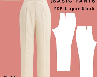 レディースベーシックパンツの縫製パターン：ハイウエストパンツ（XS～6X）（PDFパターン）