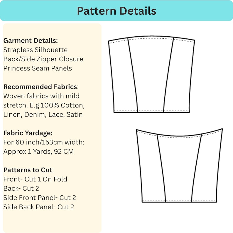 Może przedstawiać: Instrukcja wykroju krawieckiego zatytułowana Pattern Details, przedstawiająca bezramiączkową sylwetkę z panelami zaszewek francuskich. Zawiera szczeg&oacute;ły odzieży, zalecane tkaniny, zużycie materiału 92 cm przy szerokości 153 cm oraz instrukcje krojenia z rysunkami.