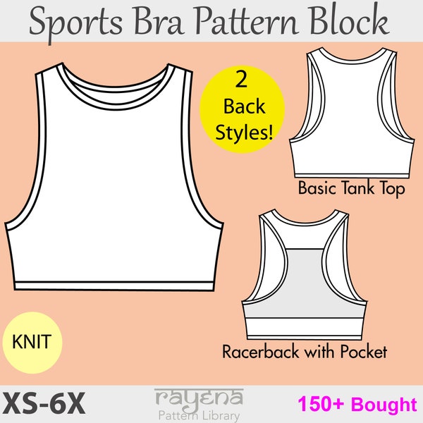 Sports Bra/Tank Top Sewing Pattern Block XS-6X, racerback sports bra pattern, tank top pattern, plus size sports bra, back pocket sports bra