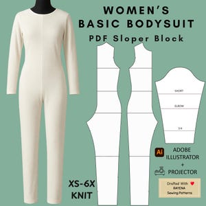 May include: A cream-colored long-sleeve bodysuit displayed next to a white sewing pattern diagram. The text reads: WOMEN'S BASIC BODYSUIT PDF Sloper Block, XS-6X KNIT, Adobe Illustrator + Projector, Drafted With Rayena Sewing Patterns.