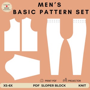 May include: A digital sewing pattern set on a peach background featuring white outlines for a shirt, pants, and sleeve. Text includes: MEN'S BASIC PATTERN SET, DRAFTED WITH RAYENA SEWING PATTERNS, PRINT PDF, PROJECTOR, XS-6X, PDF SLOPER BLOCK, and KNIT.