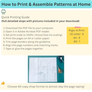 Może przedstawiać: Instrukcja zatytułowana How to Print & Assemble Patterns at Home zawierająca siedem krok&oacute;w. Ż&oacute;łte pole wskazuje Pages to Print dla format&oacute;w US Letter, A4 i A0. Poniżej znajduje się papierowy wykr&oacute;j krawiecki wraz z parą nożyczek.