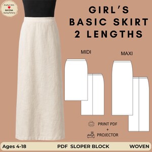 May include: A sewing pattern for a girl's basic skirt with two lengths, midi and maxi. The image displays a beige skirt, technical line drawings of the two skirt lengths, and text including "GIRL'S BASIC SKIRT 2 LENGTHS", "PRINT PDF + PROJECTOR", and "Ages 4-18".