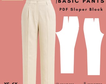 May include: Beige trousers with a waistband, front pleats, and a center zipper closure. The image includes text reading WOMEN'S BASIC PANTS PDF Sloper Block, Drafted With RAYENA Sewing Patterns, XS-6X WOVEN, PRINT PDF, and PROJECTOR.