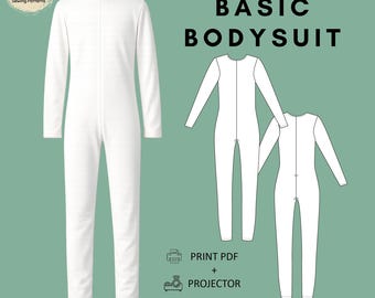 May include: A white long-sleeve bodysuit on a mannequin, accompanied by a technical line drawing of the garment. Text includes KIDS BASIC BODYSUIT, PRINT PDF + PROJECTOR, Ages 4-18, PDF SLOPER BLOCK, and KNIT. The design is for sewing patterns.