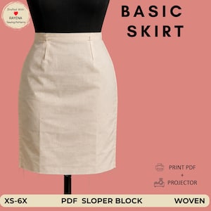 Puede incluir: Una falda beige sobre un maniquí con el texto BASIC SKIRT, Drafted With RAYENA Sewing Patterns, PRINT PDF + PROJECTOR, XS-6X, PDF SLOPER BLOCK y WOVEN. La falda presenta una cintura alta con dos pinzas verticales en la parte delantera.