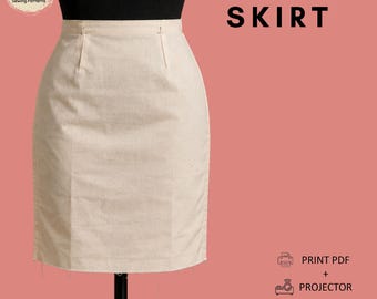 May include: A beige skirt on a mannequin with the text BASIC SKIRT, Drafted With RAYENA Sewing Patterns, PRINT PDF + PROJECTOR, XS-6X, PDF SLOPER BLOCK, and WOVEN. The skirt features a high waistband with two vertical darts at the front.
