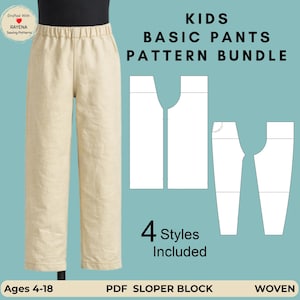 May include: A pair of beige elastic-waist pants displayed next to white line-art sewing pattern templates. The text reads KIDS BASIC PANTS PATTERN BUNDLE, 4 Styles Included, Ages 4-18, PDF SLOPER BLOCK, and WOVEN. A circular logo reads Drafted With Rayena Sewing Patterns.