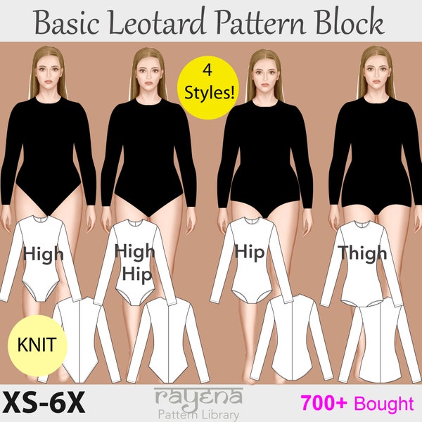 Basic Leotard Sewing Pattern Block, 4 leg cuts, catsuit costume pdf, bodysuit gymnastics leotard, swimwear leotard, women leotard pattern