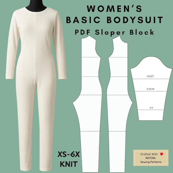 女性用キャットスーツの縫製パターン：ニットボディスーツスローパーブロック（XS～6X）（PDFパターン）