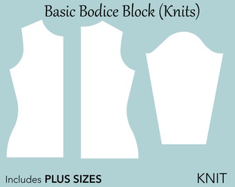 Women's Knits Bodice Block PDF pattern XS-6X- women t shirt pattern, knit women top pdf, basic knit bodice block, knit sloper pattern pdf