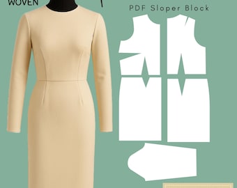 女性用ベーシックドレスの縫製パターン：スローパーブロック（XS～6X）（PDFパターン）