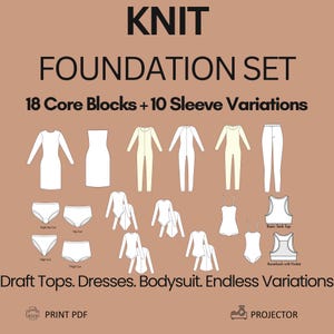 Puede incluir: Un conjunto de patrones de costura digital titulado KNIT FOUNDATION SET con 18 bloques base y 10 variaciones de mangas. El gráfico muestra dibujos lineales de vestidos, bodys, pantalones y tops con etiquetas. Incluye opciones de PDF y proyector.