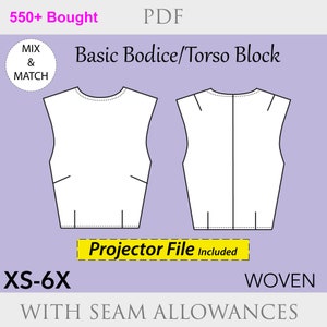 Women’s Basic Bodice Block PDF Sewing Pattern | Torso Sloper | Sizes XS–6X | Plus Sizes Included | Dressmaking Sloper for Woven Fabrics