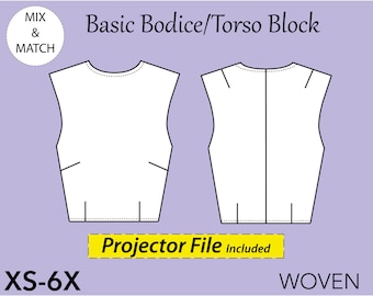 Women’s Bodice block/torso pattern , size XS-6X, bodice pattern pdf, basic sloper pattern, basic bodice block, plus size basic block pattern