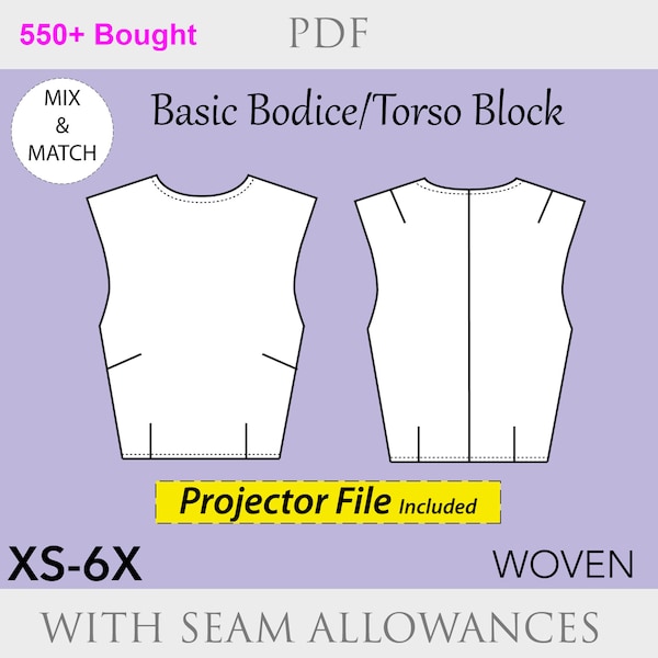 Women’s Bodice block/torso pattern , size XS-6X, bodice pattern pdf, basic sloper pattern, basic bodice block, plus size basic block pattern